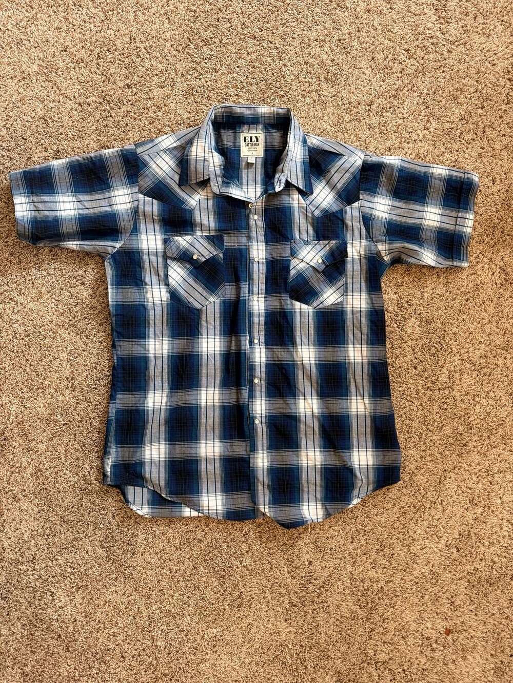 Ely Cattleman Western Blue Check Pearl Snap Short Sleeve Shirt Men's Large